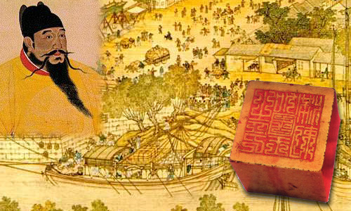 左上、明王朝の三代皇帝「永楽帝」。右下の金印にはマラッカ王の刻印がなされている