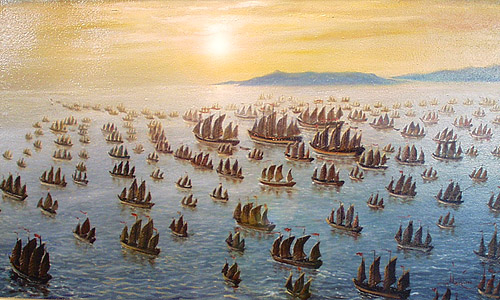 大船団は62隻で編成され、総乗組員は2万8500名なり。コレだけの陣容を誇る大艦隊だったが武力による侵略を目的とせず国威を示し朝貢を促進させるための遠征であった