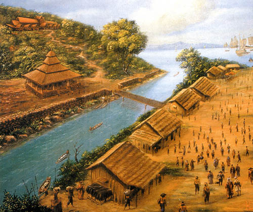 貧しい漁村のイメージを払拭、マラッカの街には様々な国からの交易船がやってきて街には異国の商人があふれた。右上のセントポールヒルにはマラッカ王宮が建てられた