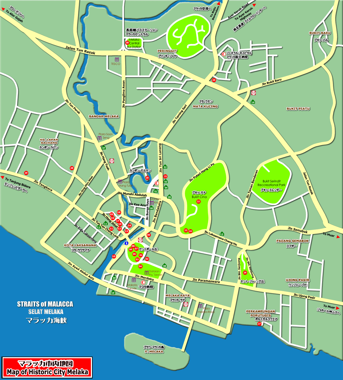 マラッカ市内全体の地図